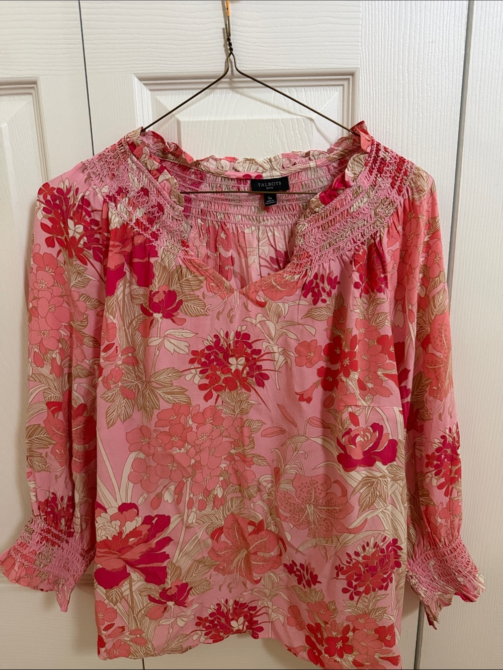 Talbots Pink & Coral Floral Smocked Neck Blouse
